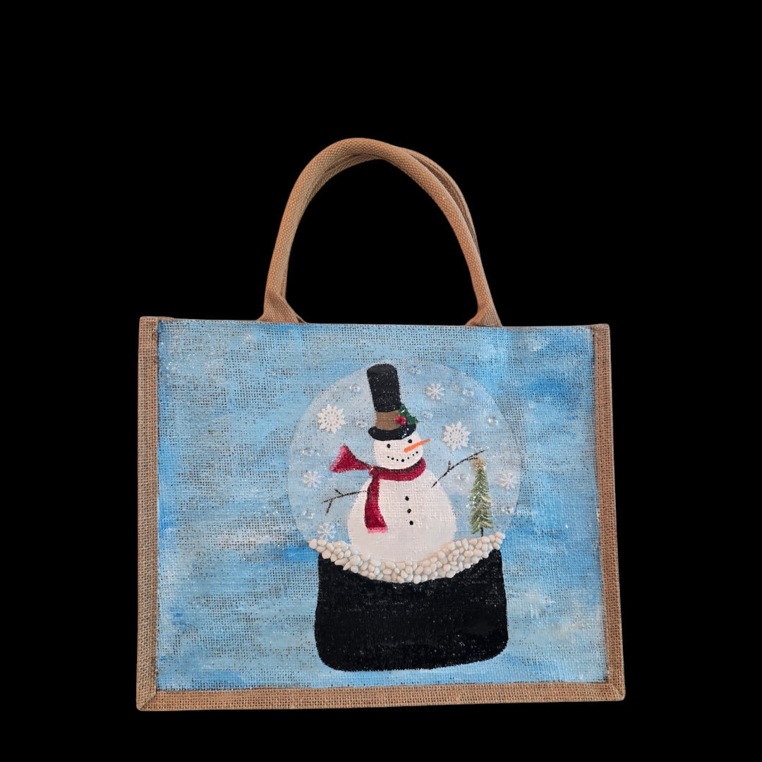 snow globe tote bag, hand painted Christmas tote, beaded holiday tote, blue jute Christmas market bag