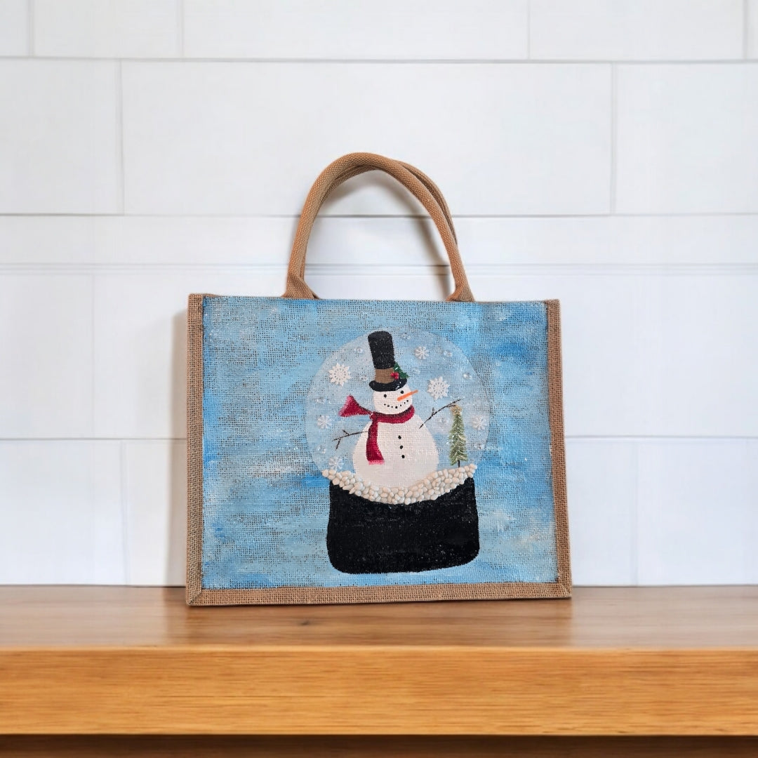 Festive-Hand-Painted-Tote, Snow-Globe-Design, Unique-Artistic-Design