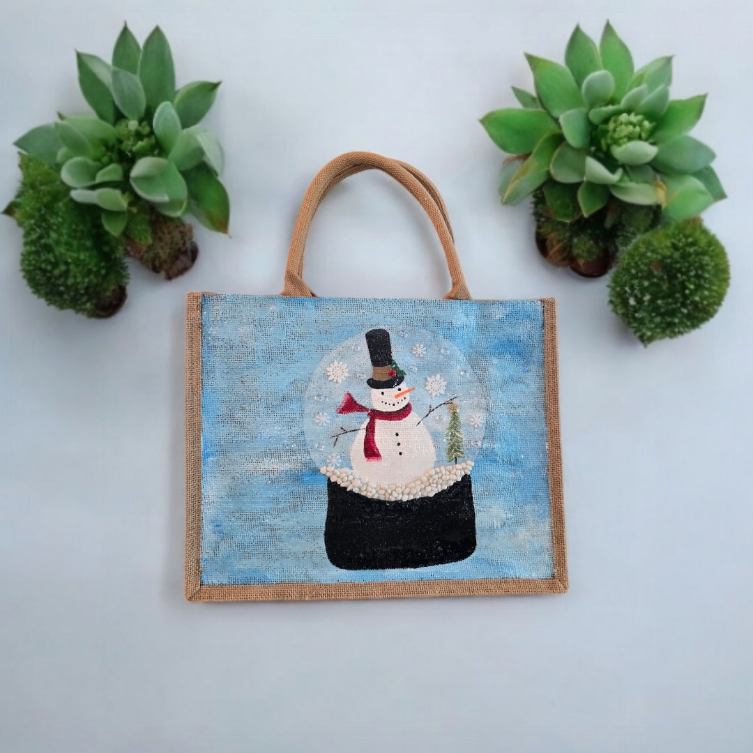Festive-Hand-Painted-Tote, Snow-Globe-Design, Unique-Artistic-Design
