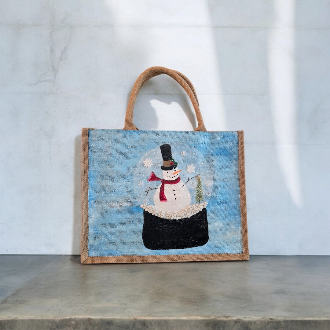 Festive-Hand-Painted-Tote, Snow-Globe-Design, Unique-Artistic-Design