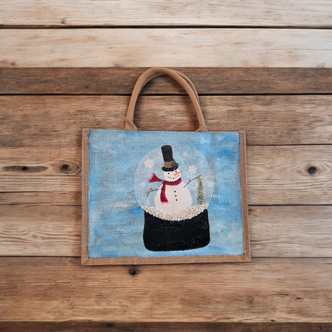 Festive-Hand-Painted-Tote, Snow-Globe-Design, Unique-Artistic-Design