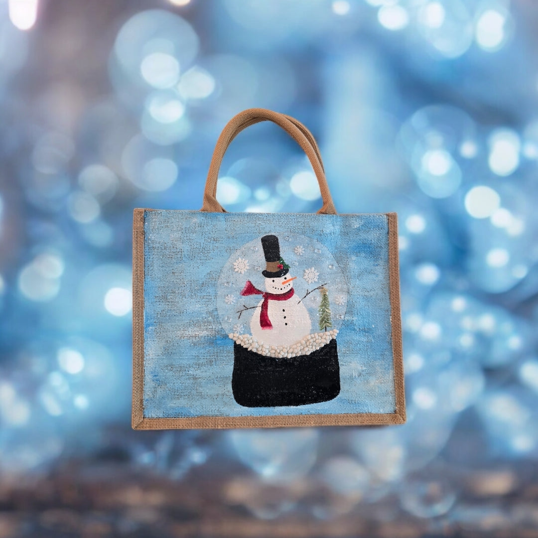 Festive-Hand-Painted-Tote, Snow-Globe-Design, Unique-Artistic-Design