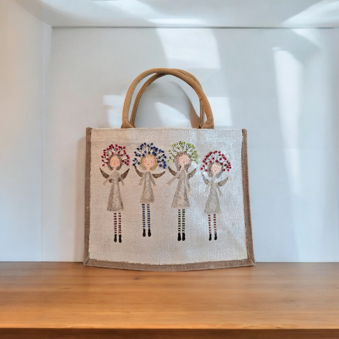 whimsical angels tote bag, hand painted Christmas tote, beaded holiday tote, off white jute Christmas market bag
