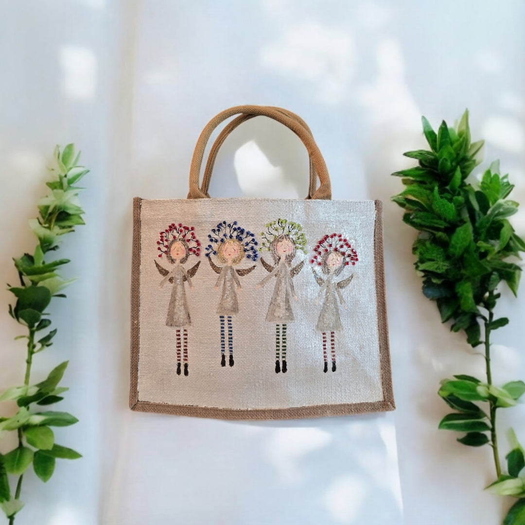 whimsical angels tote bag, hand painted Christmas tote, beaded holiday tote, off white jute Christmas market bag