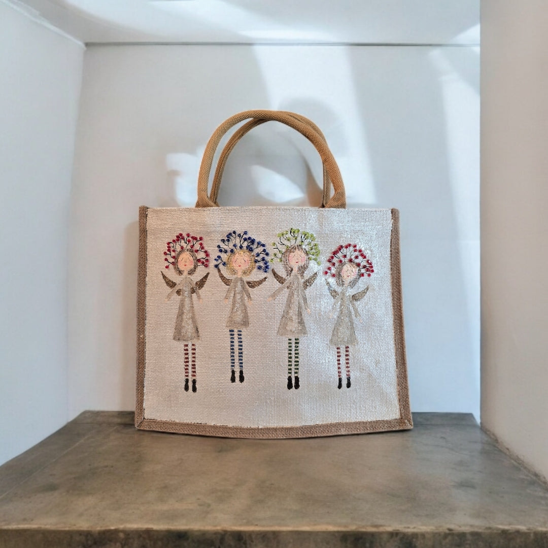 whimsical angels tote bag, hand painted Christmas tote, beaded holiday tote, off white jute Christmas market bag