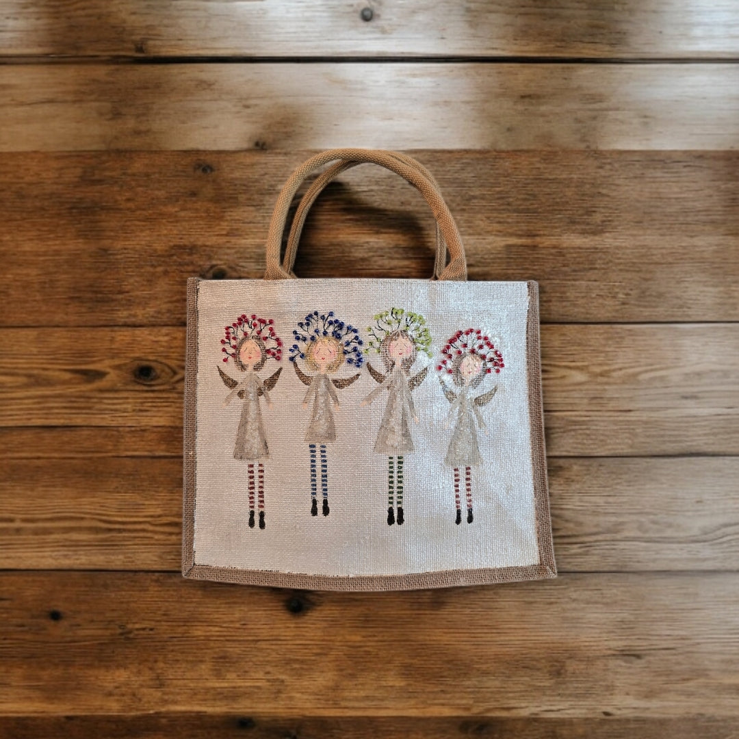 whimsical angels tote bag, hand painted Christmas tote, beaded holiday tote, off white jute Christmas market bag