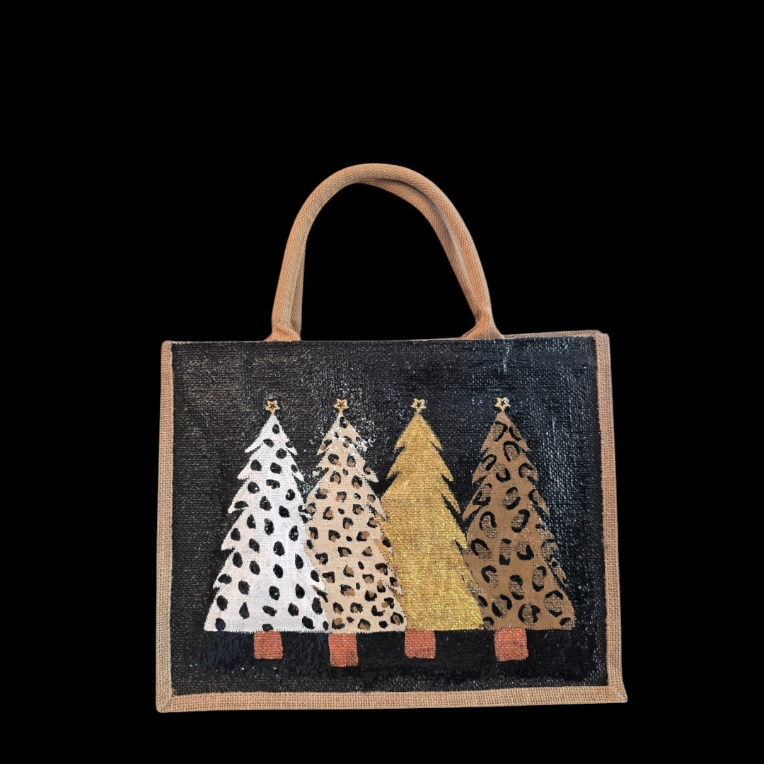animal print Christmas tree tote bag, hand painted Christmas tote, beaded holiday tote, black jute Christmas market bag
