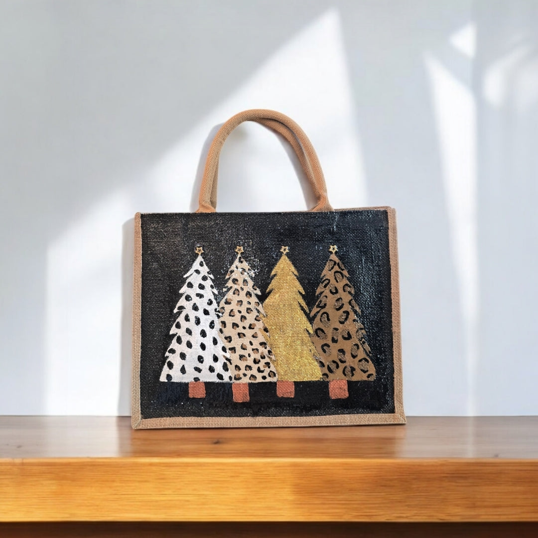 animal print Christmas tree tote bag, hand painted Christmas tote, beaded holiday tote, black jute Christmas market bag