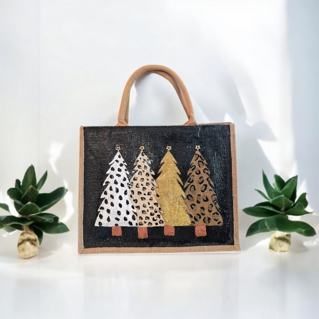 animal print Christmas tree tote bag, hand painted Christmas tote, beaded holiday tote, black jute Christmas market bag