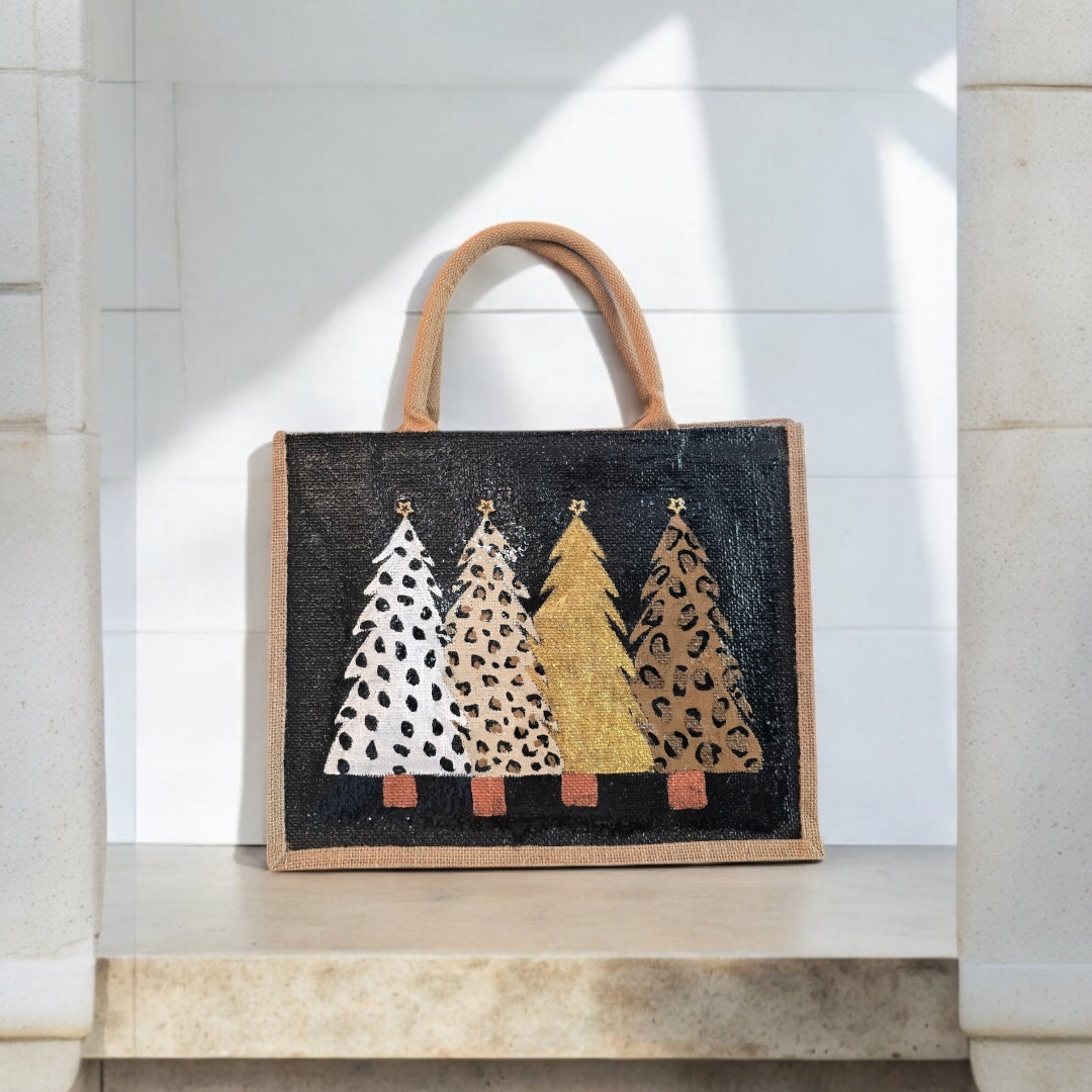 animal print Christmas tree tote bag, hand painted Christmas tote, beaded holiday tote, black jute Christmas market bag
