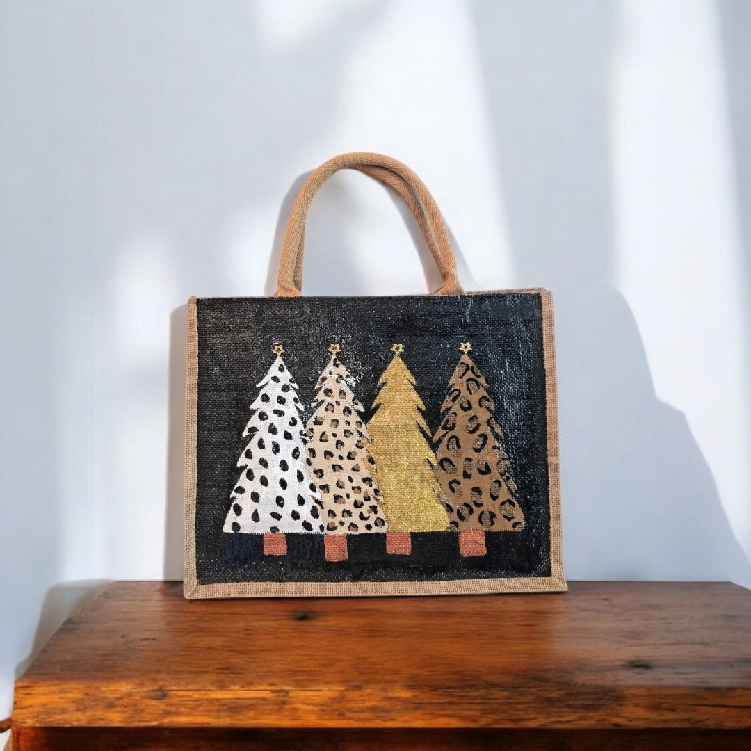 animal print Christmas tree tote bag, hand painted Christmas tote, beaded holiday tote, black jute Christmas market bag
