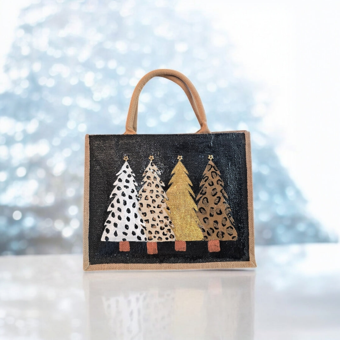animal print Christmas tree tote bag, hand painted Christmas tote, beaded holiday tote, black jute Christmas market bag