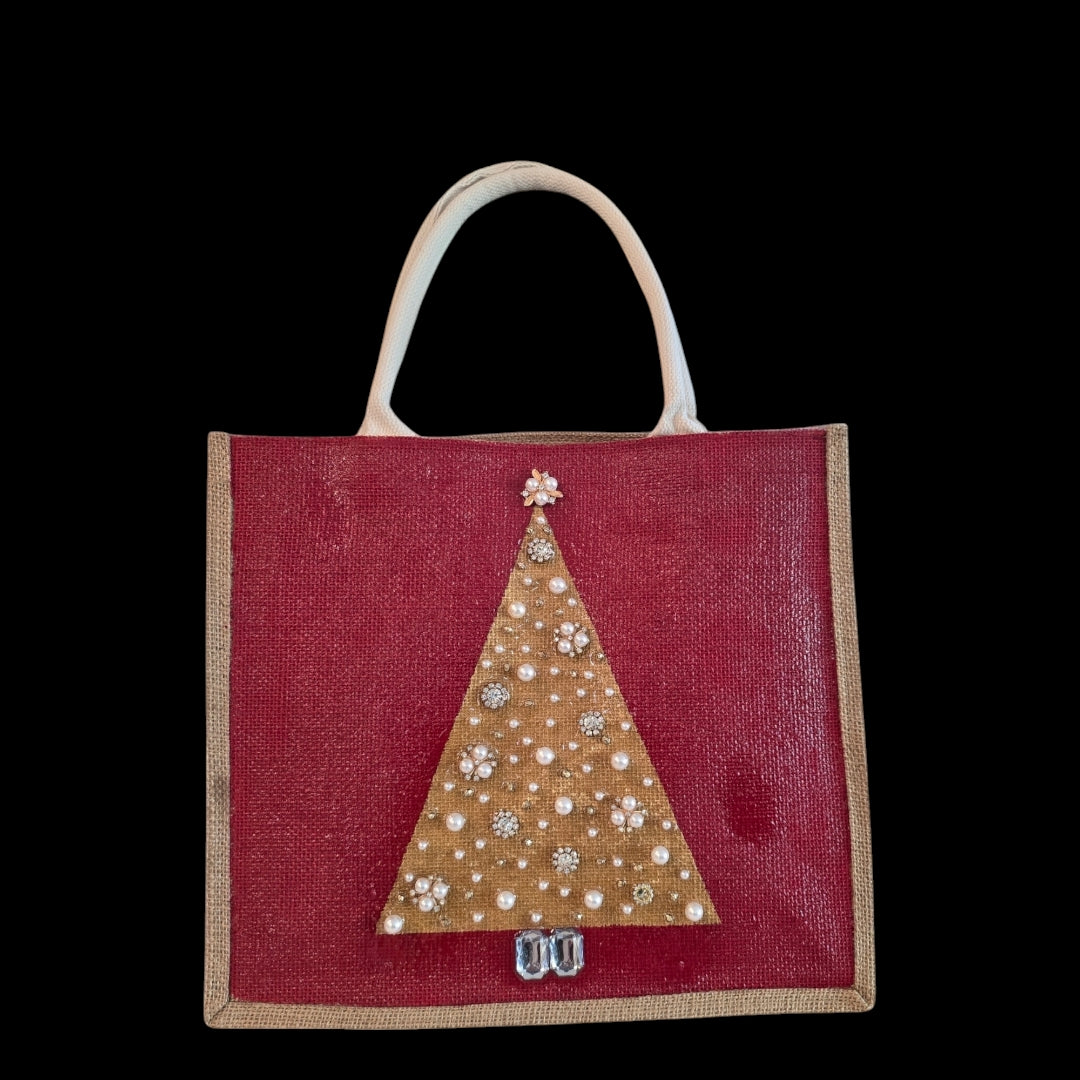 gold jeweled tree tote bag, hand painted Christmas tote, beaded holiday tote, red jute Christmas market bag
