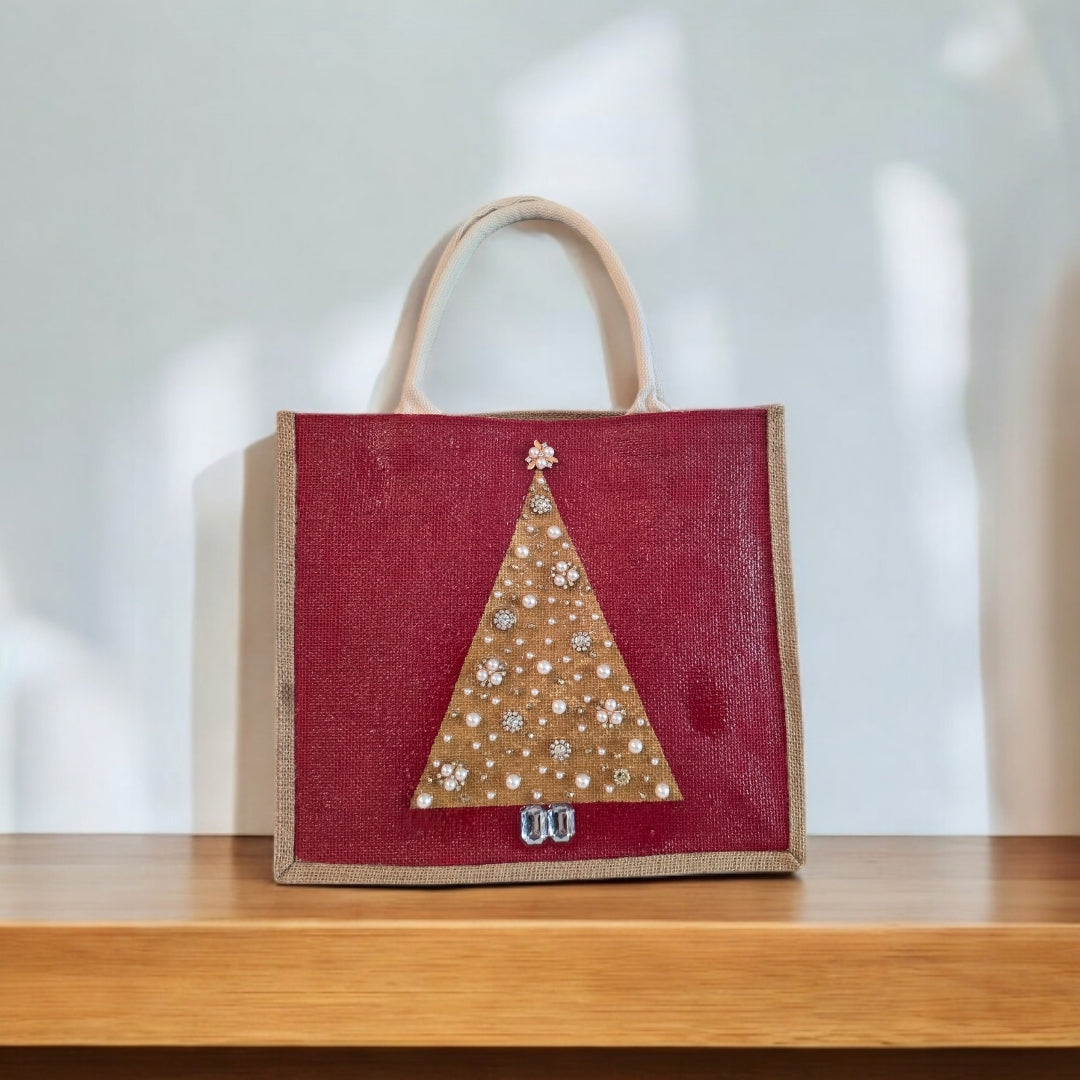gold jeweled tree tote bag, hand painted Christmas tote, beaded holiday tote, red jute Christmas market bag