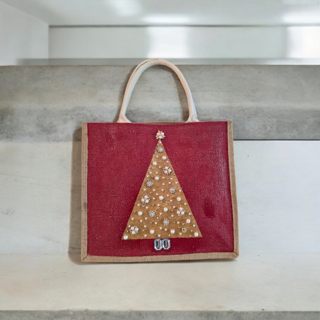 gold jeweled tree tote bag, hand painted Christmas tote, beaded holiday tote, red jute Christmas market bag