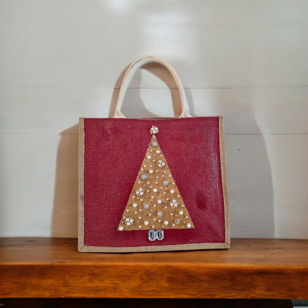 gold jeweled tree tote bag, hand painted Christmas tote, beaded holiday tote, red jute Christmas market bag