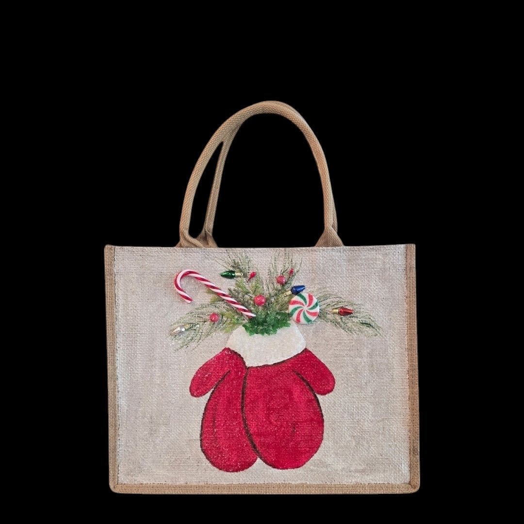 winter mittens tote bag, hand painted Christmas tote, beaded holiday tote, off white jute Christmas bag