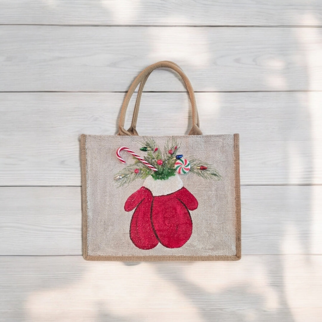 winter mittens tote bag, hand painted Christmas tote, beaded holiday tote, off white jute Christmas bag