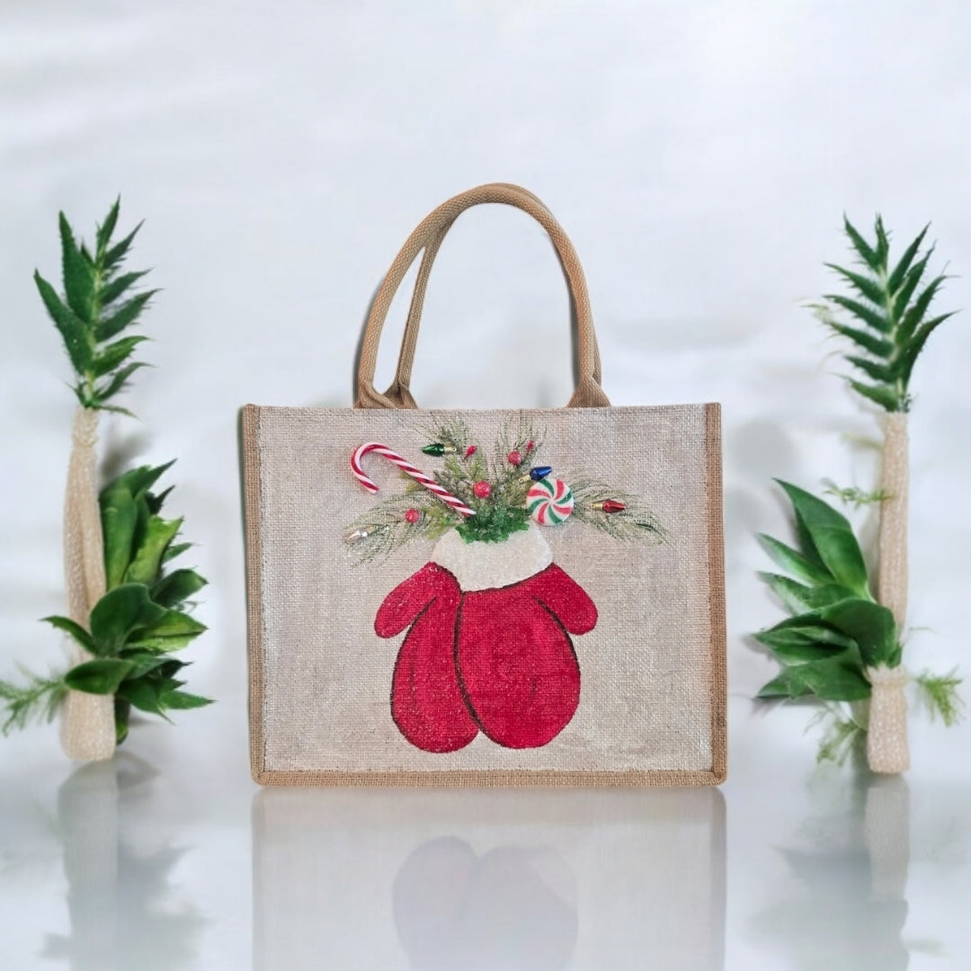 winter mittens tote bag, hand painted Christmas tote, beaded holiday tote, off white jute Christmas bag