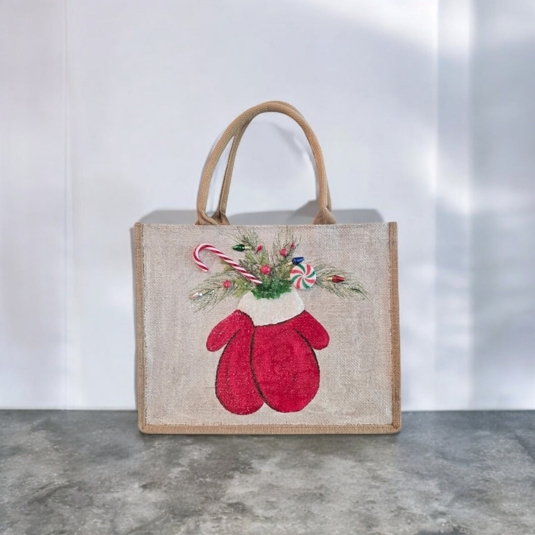 winter mittens tote bag, hand painted Christmas tote, beaded holiday tote, off white jute Christmas bag