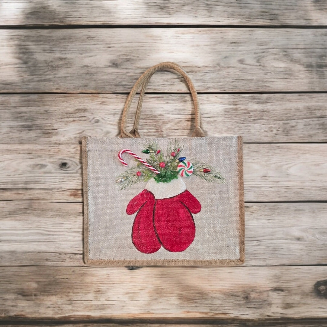 winter mittens tote bag, hand painted Christmas tote, beaded holiday tote, off white jute Christmas bag