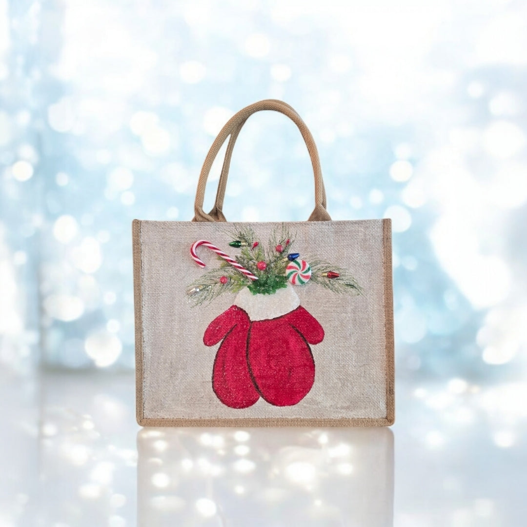 winter mittens tote bag, hand painted Christmas tote, beaded holiday tote, off white jute Christmas bag