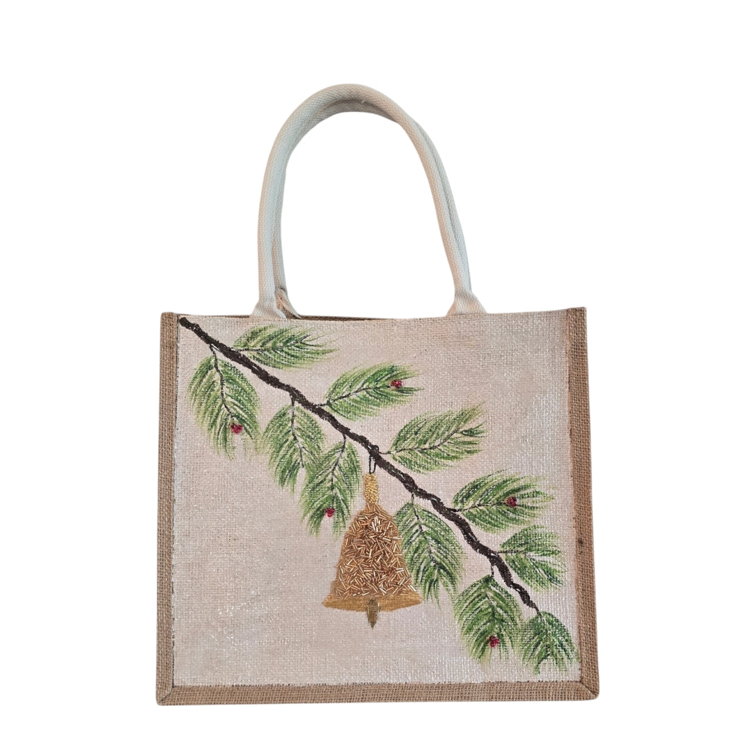 Festive-Hand-Painted-Tote, Pine-Branch-With-Ornament-Design, Unique-Artistic-Design