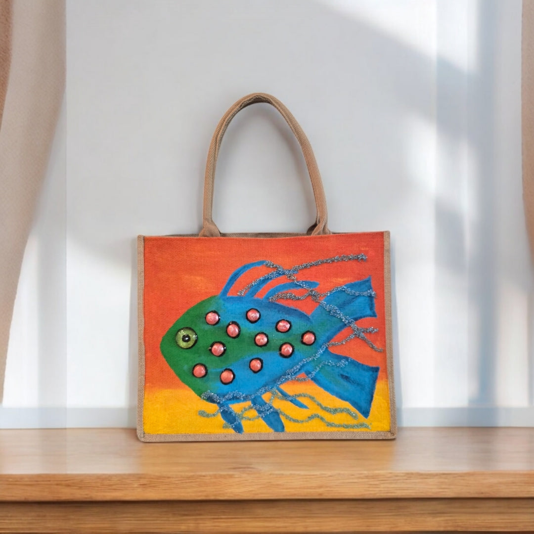funky fish tote bag, orange tote bag, hand painted beaded fish jute bag, eco-friendly fish market bag