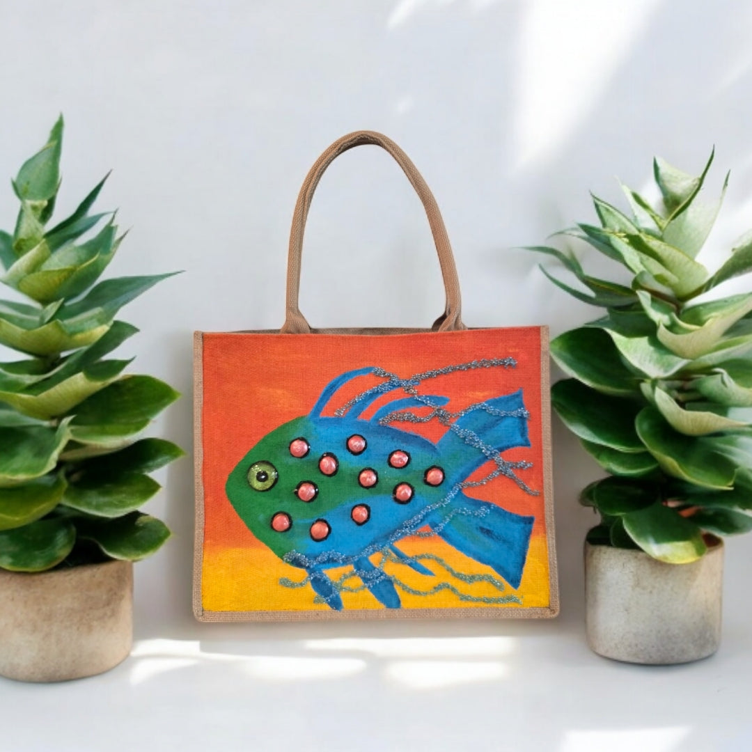 funky fish tote bag, orange tote bag, hand painted beaded fish jute bag, eco-friendly fish market bag