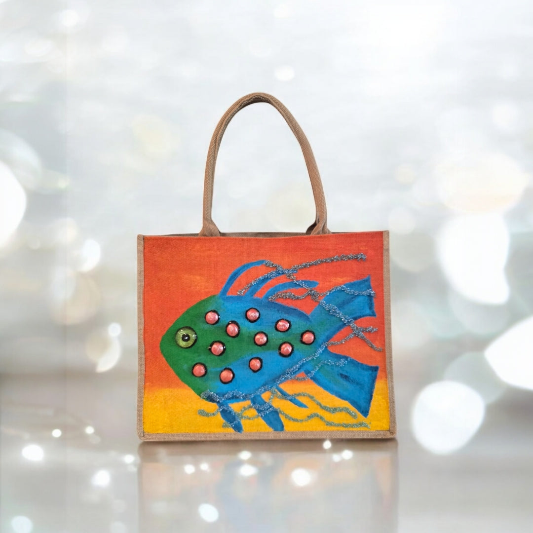 funky fish tote bag, orange tote bag, hand painted beaded fish jute bag, eco-friendly fish market bag