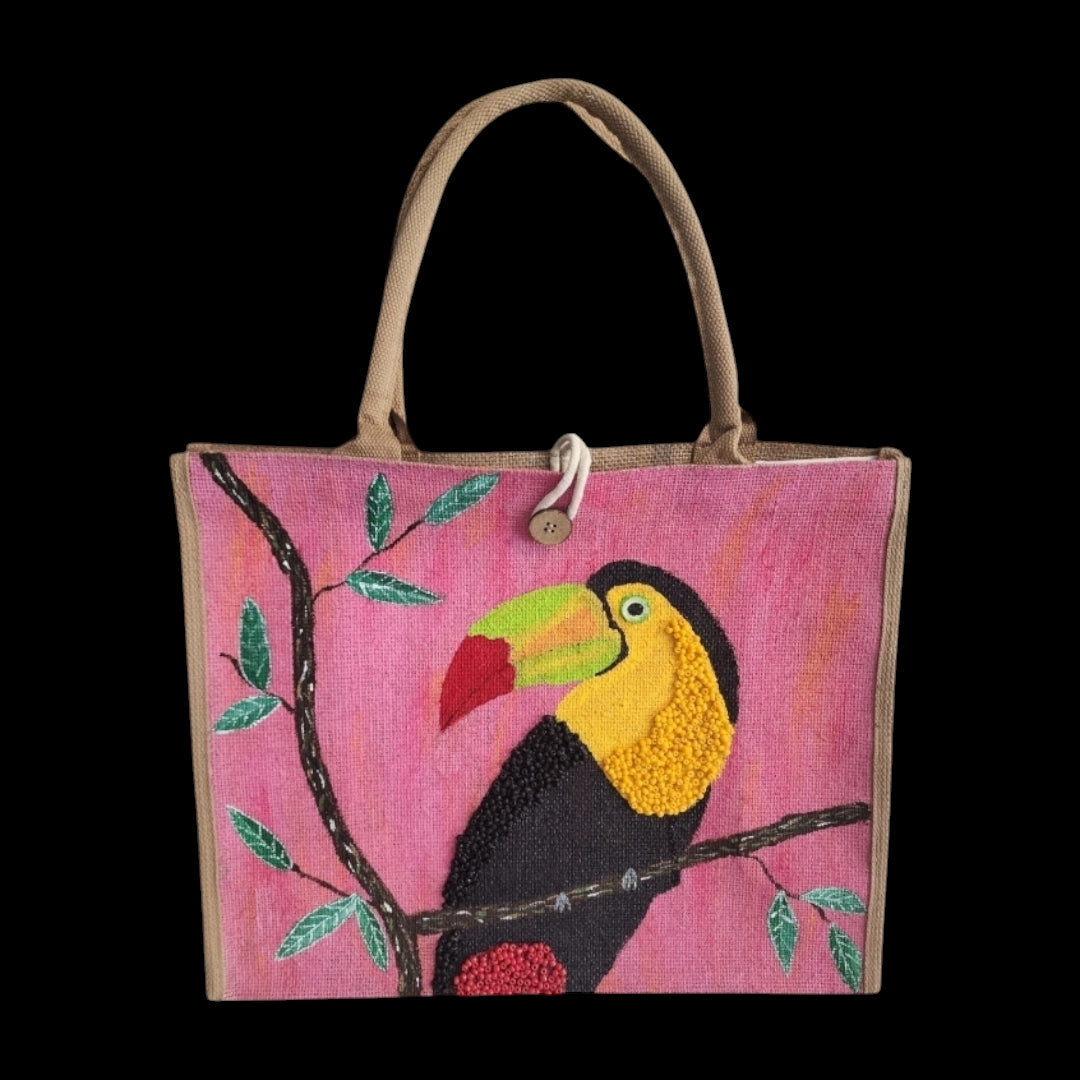 toucan on pink tote bag, tropical bird tote, hand painted toucan jute bag, eco-friendly toucan market bag