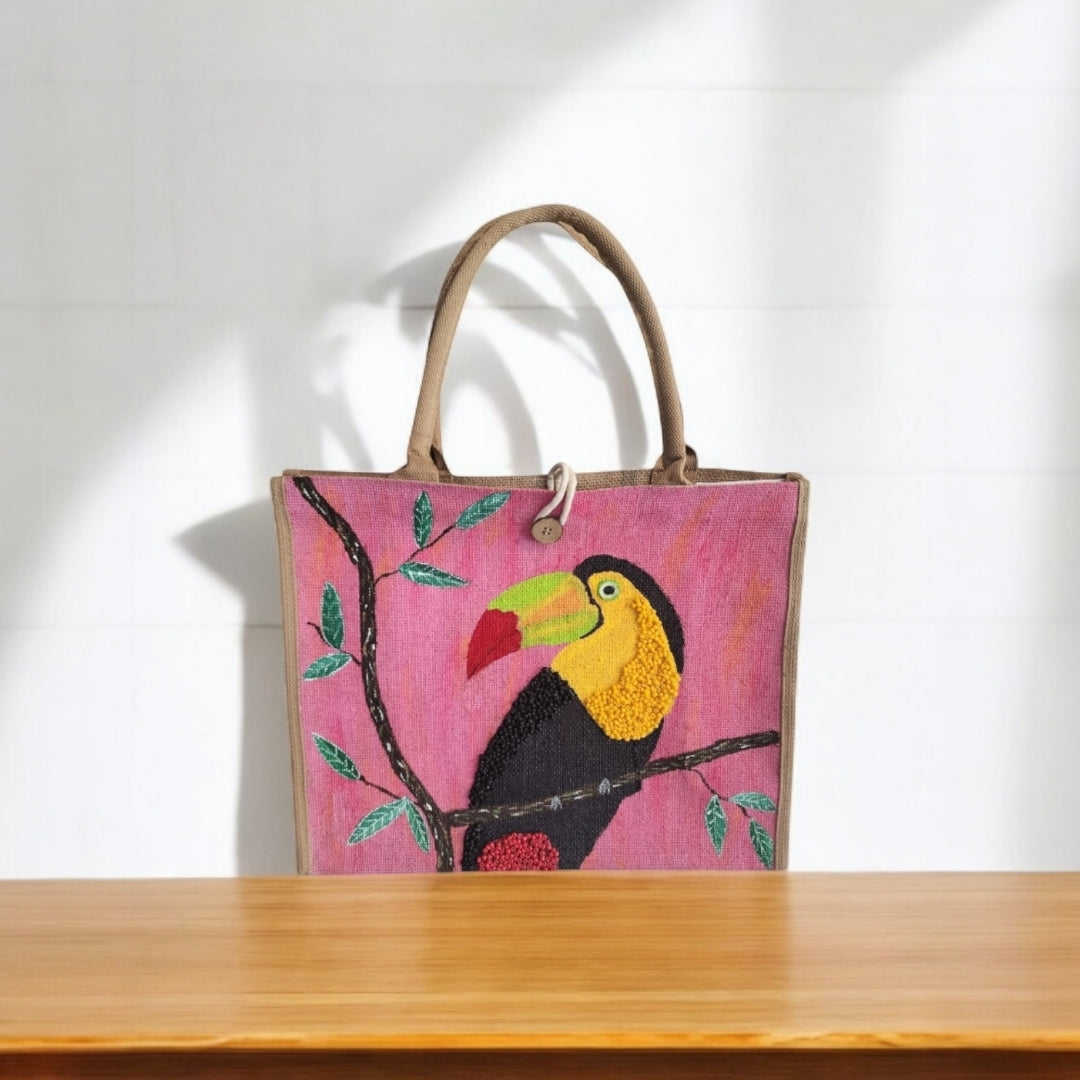 toucan on pink tote bag, tropical bird tote, hand painted toucan jute bag, eco-friendly toucan market bag