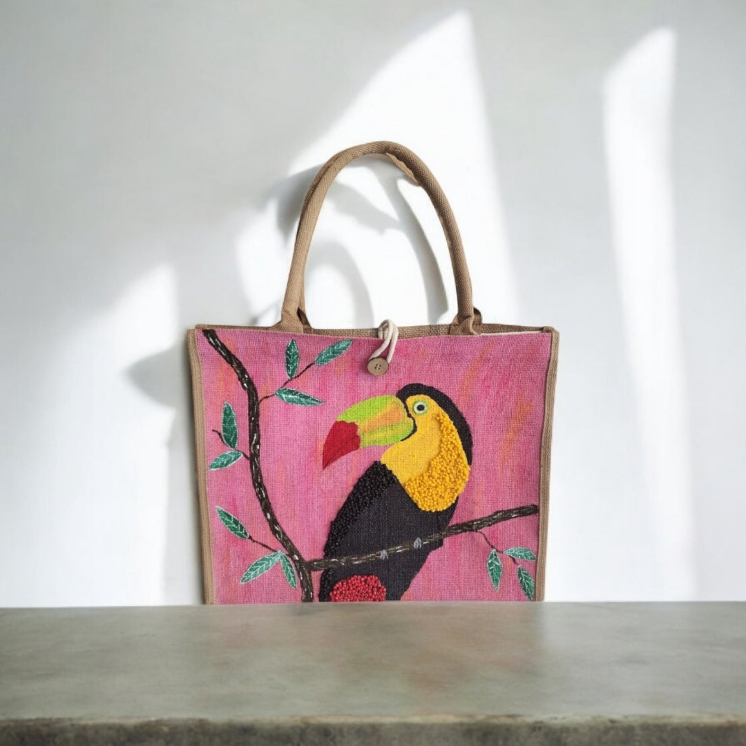 toucan on pink tote bag, tropical bird tote, hand painted toucan jute bag, eco-friendly toucan market bag