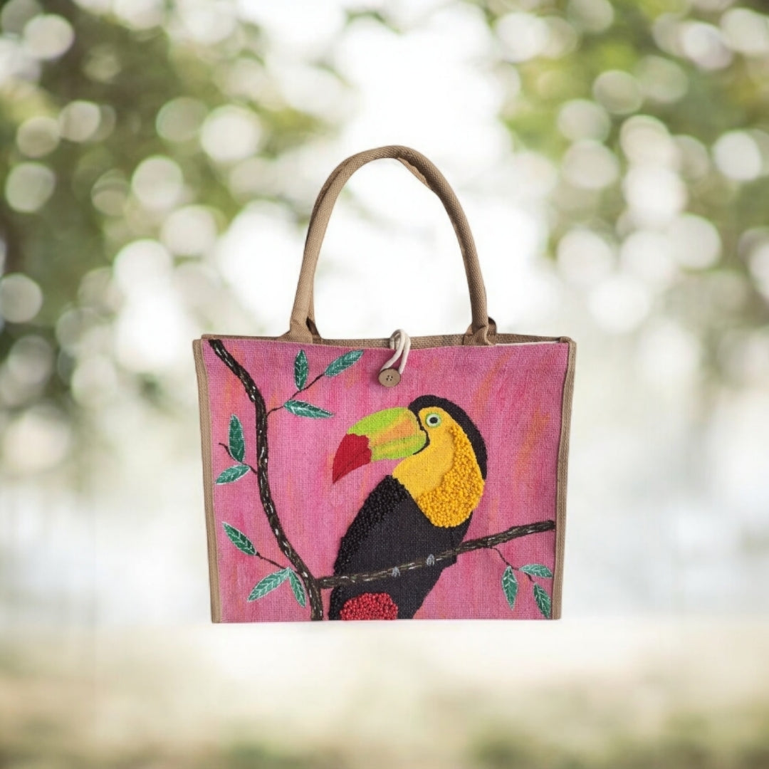 toucan on pink tote bag, tropical bird tote, hand painted toucan jute bag, eco-friendly toucan market bag
