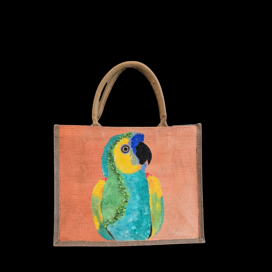 parrot on orange tote bag, tropical parrot tote, hand painted parrot jute bag, eco-friendly bird tote