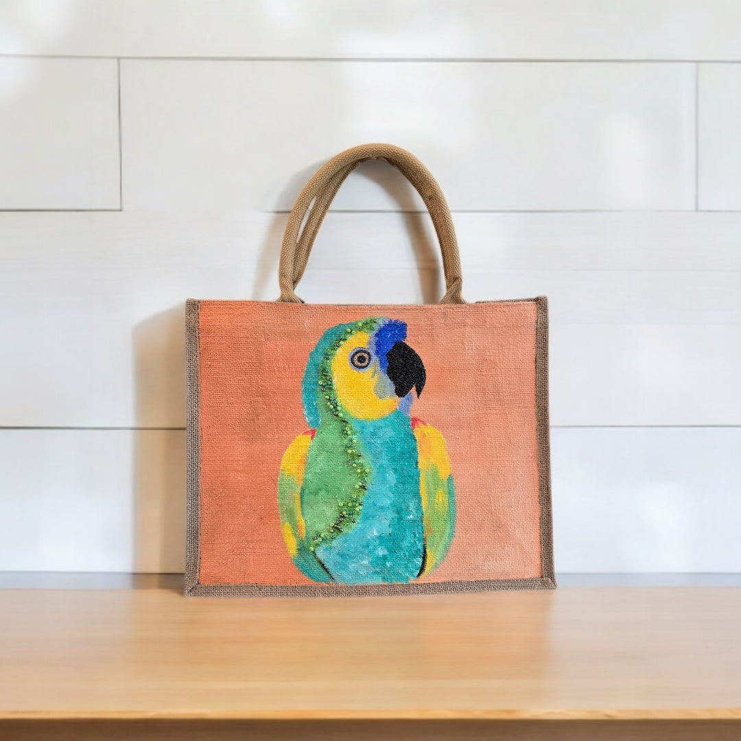 parrot on orange tote bag, tropical parrot tote, hand painted parrot jute bag, eco-friendly bird tote