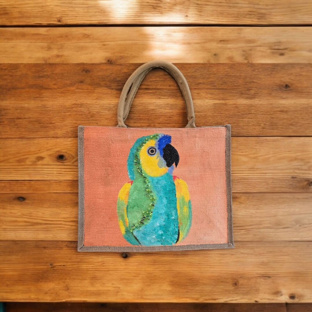 parrot on orange tote bag, tropical parrot tote, hand painted parrot jute bag, eco-friendly bird tote