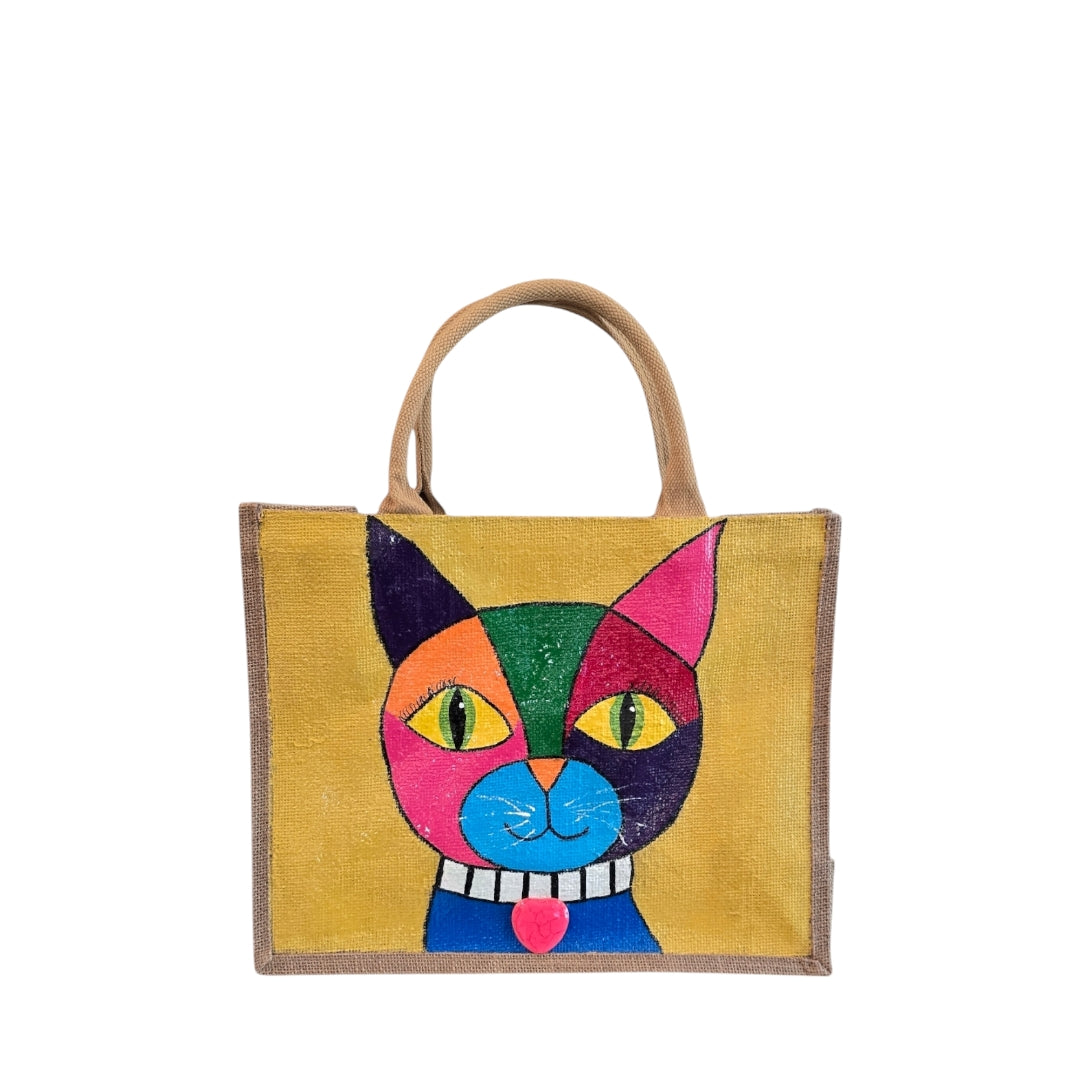 abstract cat tote bag, yellow cat tote, hand painted beaded cat jute bag, eco-friendly cat market bag
