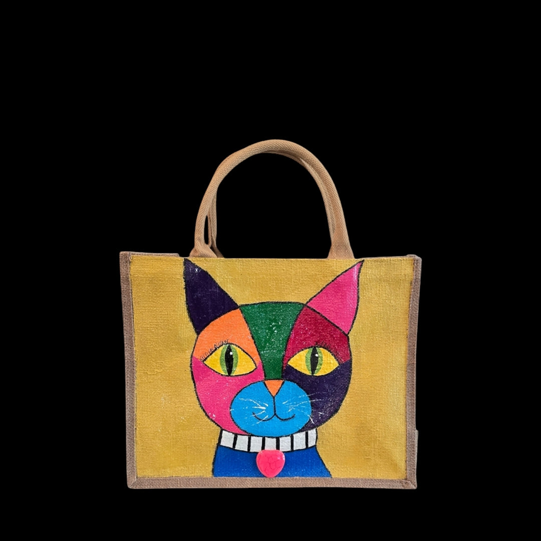 Aabstract cat tote bag, yellow cat tote, hand painted beaded cat jute bag, eco-friendly cat market bag