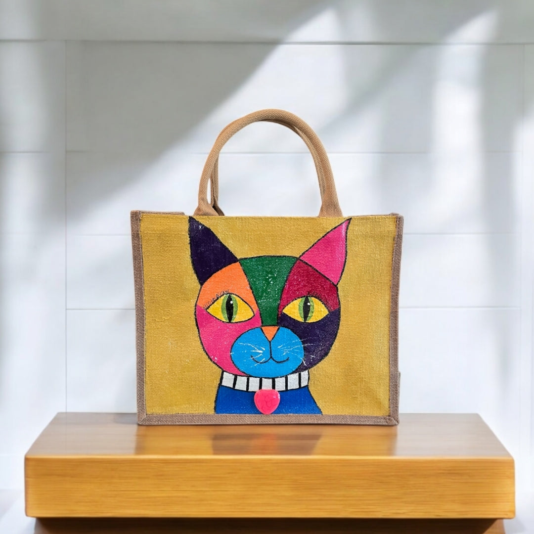 abstract cat tote bag, yellow cat tote, hand painted beaded cat jute bag, eco-friendly cat market bagand-Charm, Unique-Artistic-Design
