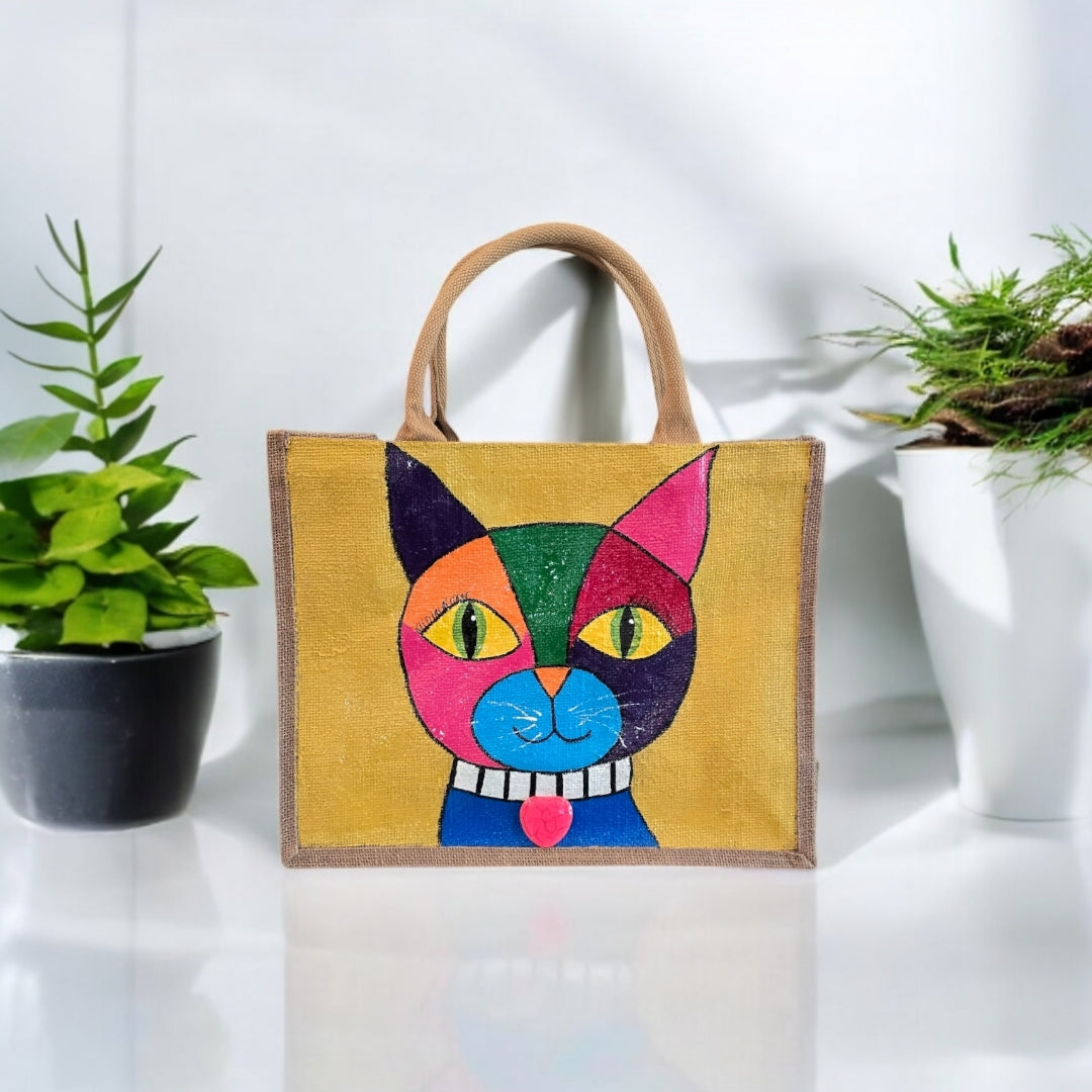 abstract cat tote bag, yellow cat tote, hand painted beaded cat jute bag, eco-friendly cat market bag
