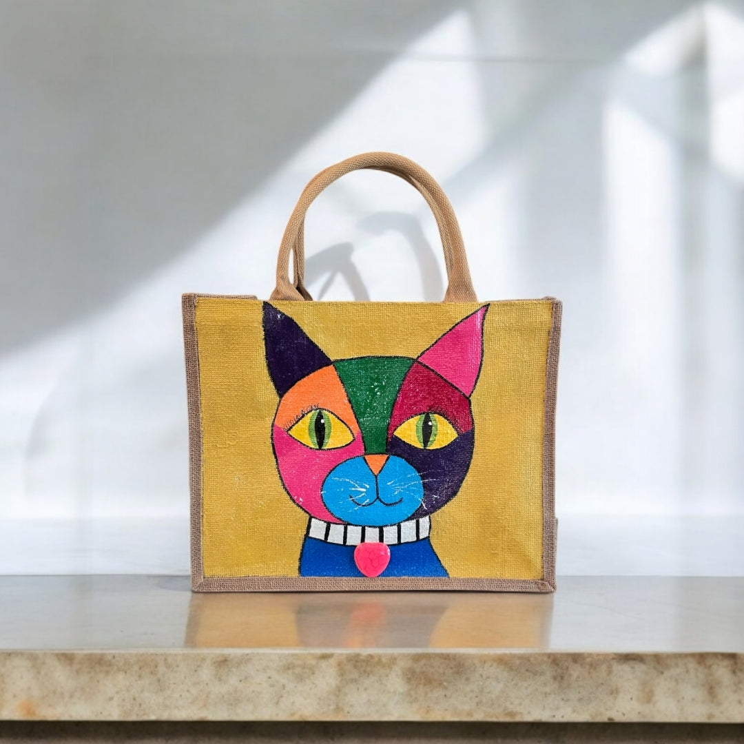 abstract cat tote bag, yellow cat tote, hand painted beaded cat jute bag, eco-friendly cat market bag