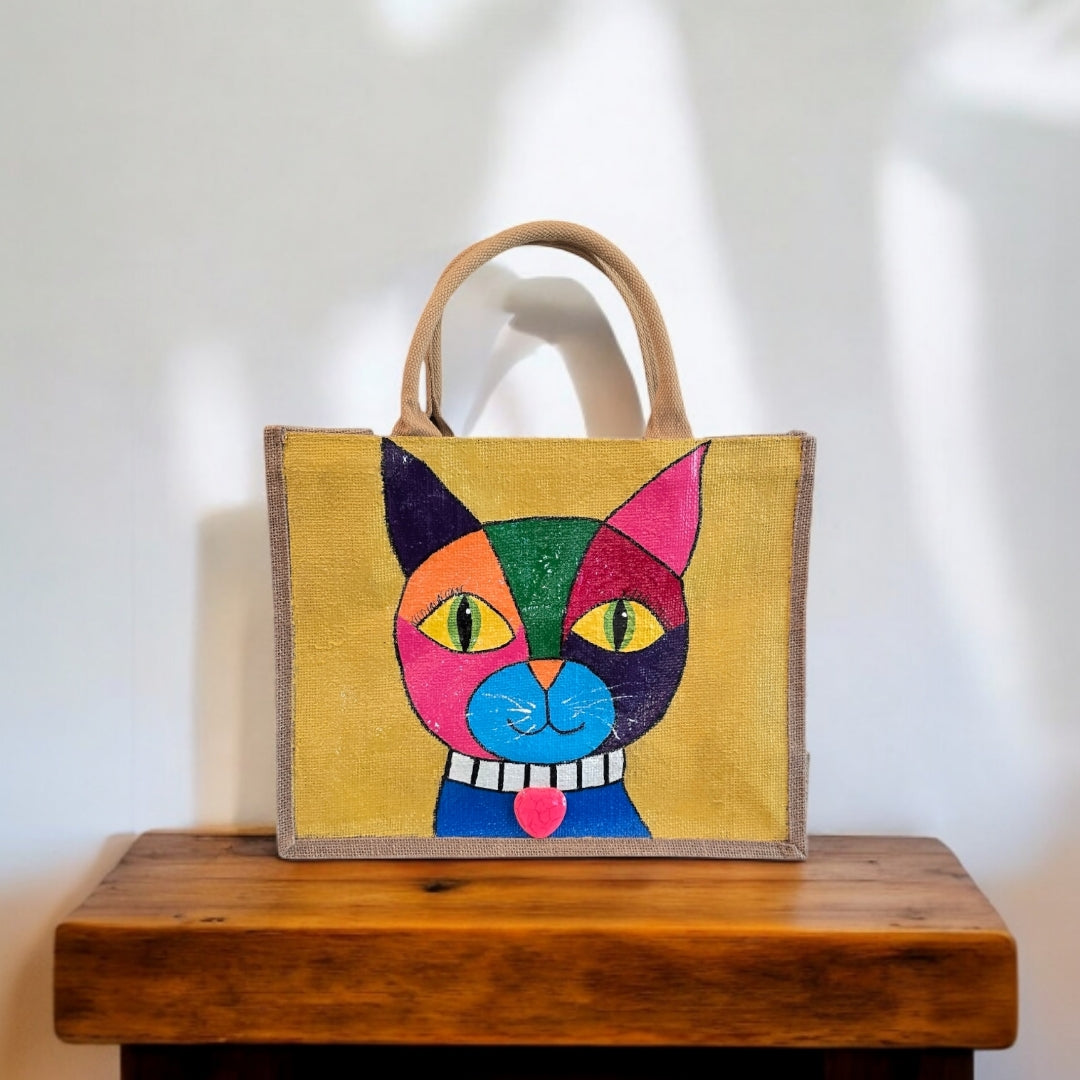 abstract cat tote bag, yellow cat tote, hand painted beaded cat jute bag, eco-friendly cat market bag