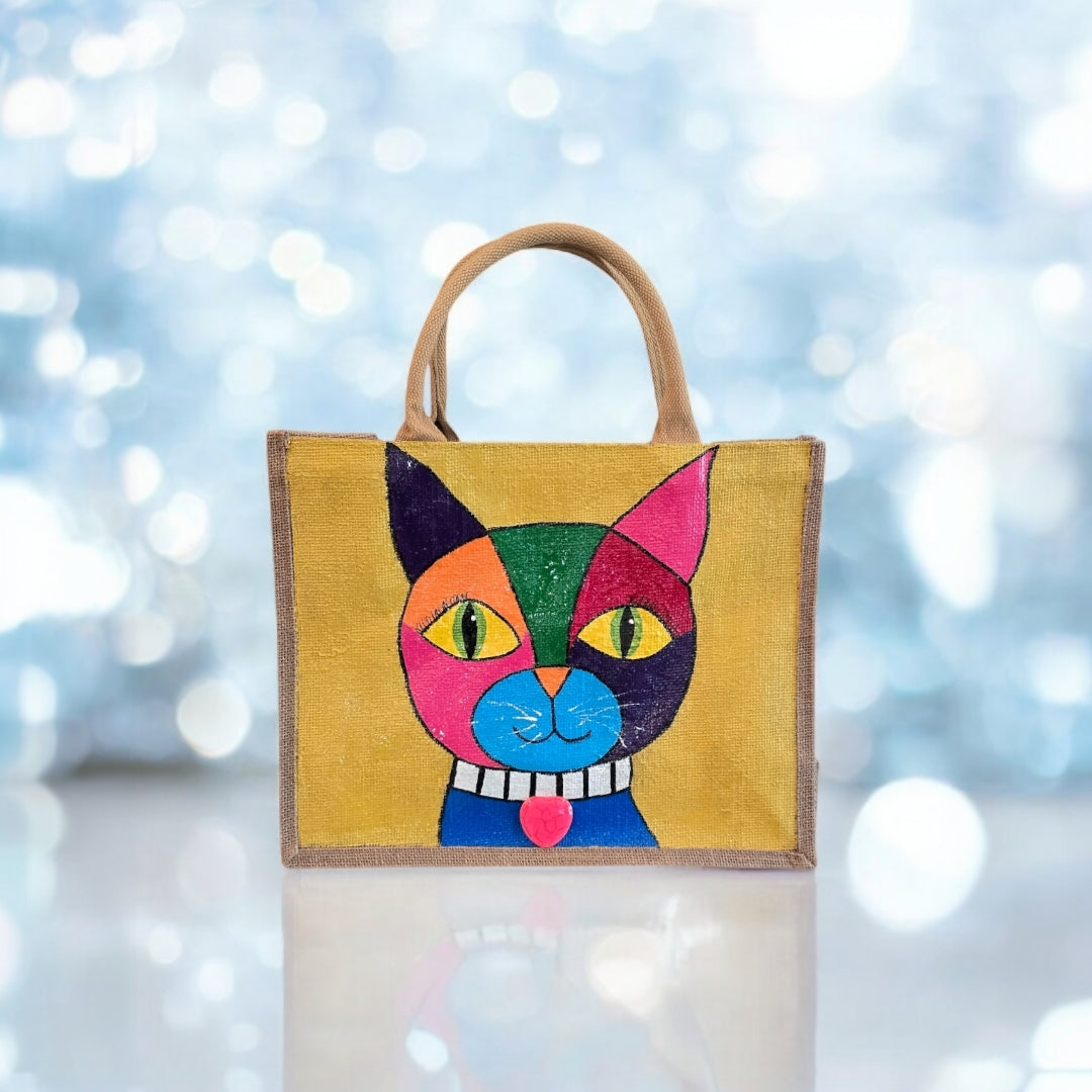 Abstract-Cat-Tote-Bag, Hand-Painted-with-Bright-Beads-and-Charm, Unique-Artistic-Design