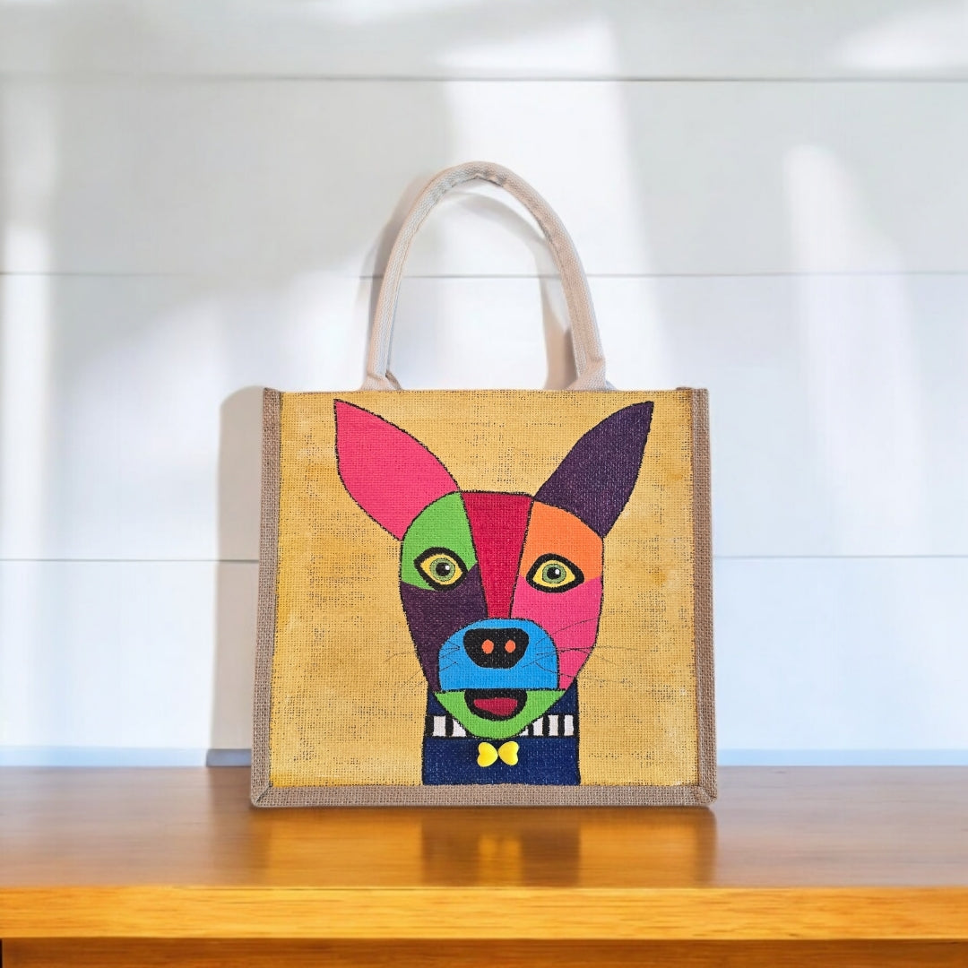 Abstract-Dog-Tote-Bag, Hand-Painted-with-Beads-on-Yellow-Canvas, Artistic-Design