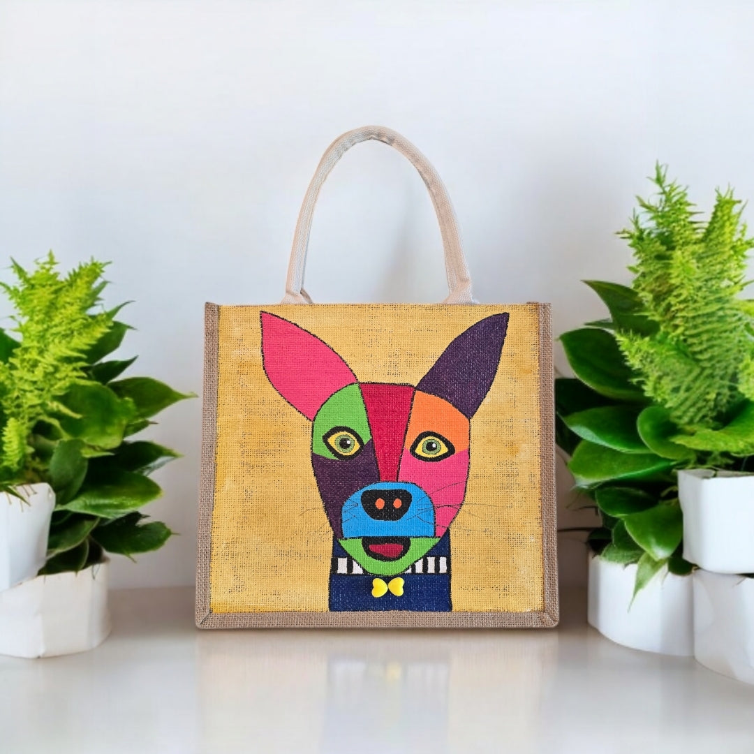 Abstract-Dog-Tote-Bag, Hand-Painted-with-Beads-on-Yellow-Canvas, Artistic-Design