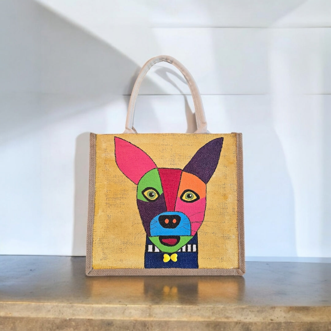 Abstract-Dog-Tote-Bag, Hand-Painted-with-Beads-on-Yellow-Canvas, Artistic-Design