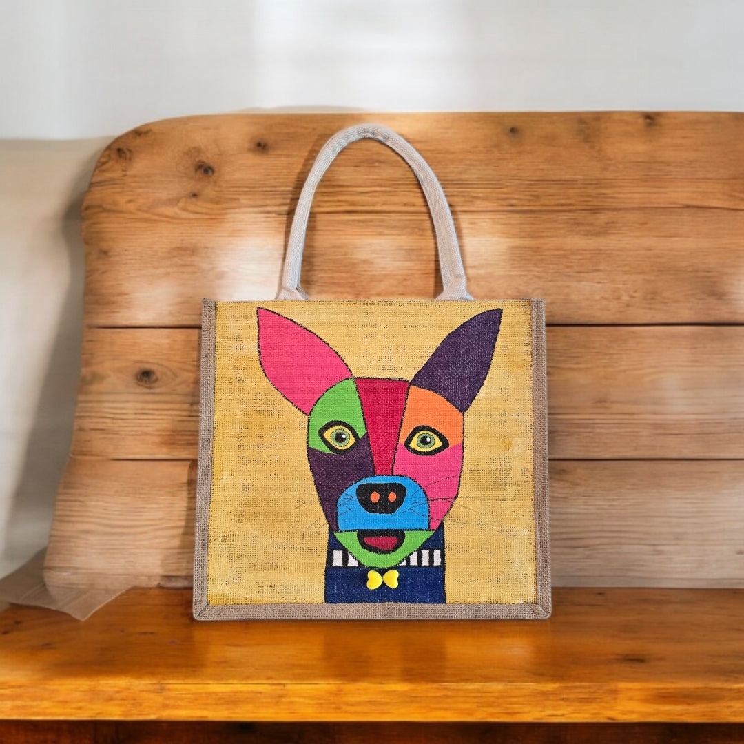 Abstract-Dog-Tote-Bag, Hand-Painted-with-Beads-on-Yellow-Canvas, Artistic-Design