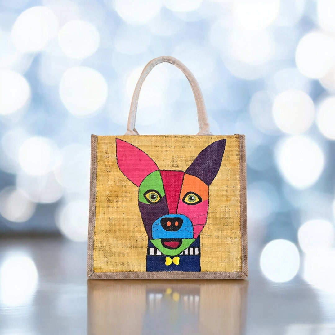 Abstract-Dog-Tote-Bag, Hand-Painted-with-Beads-on-Yellow-Canvas, Artistic-Design