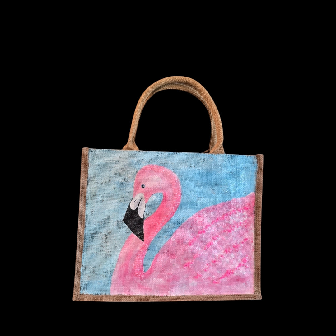 flamingo tote bag, turquoise tote bag, hand painted beaded flamingo jute bag, eco-friendly bird tote